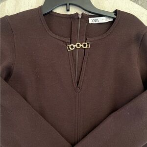 Zara Dark Brown mini sweater dress with Gold Chain Detail new without tags